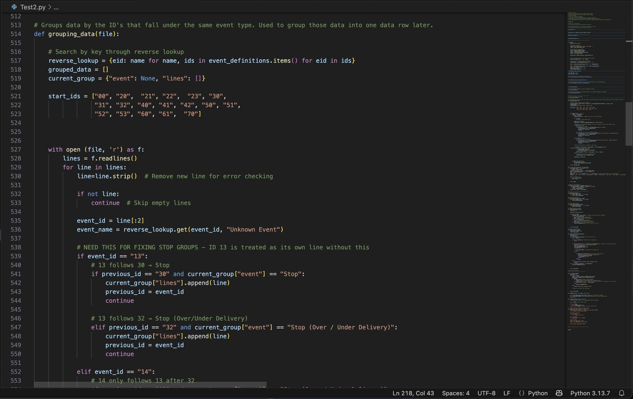 Python source code for the ASCII interpreter's event-grouping logic