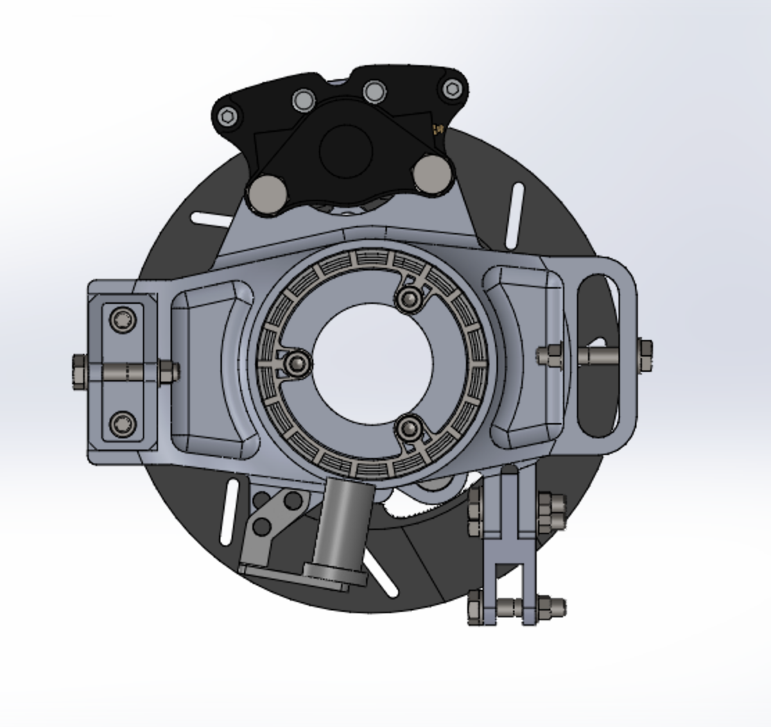 Upright assembly with speed sensor and brake caliper, front view